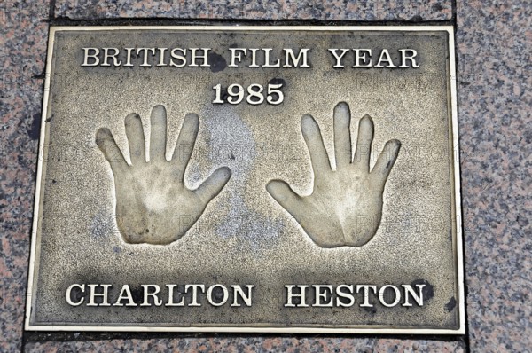 Charlton Heston's handprints for British Film Year 1985 on a metal plate, London, England, Great
