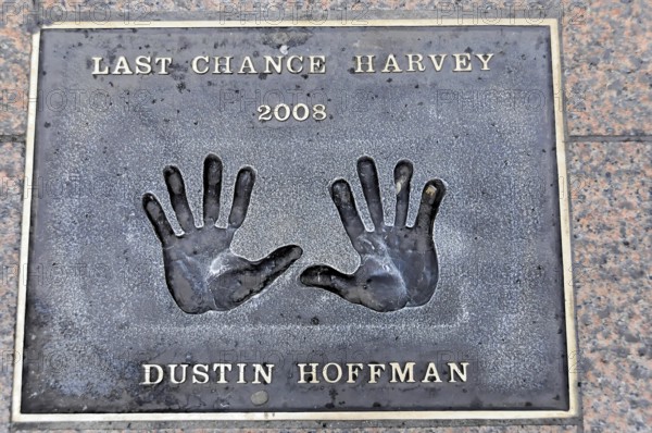 Handprints of Dustin Hoffman for the film Last Chance Harvey on a metal plate, London, England,