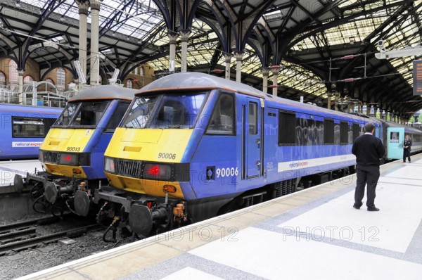 Interior view of Liverpool Street station, London, England, Great Britain, Blue trains on the