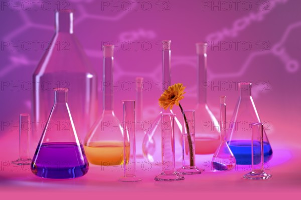 Variety of partly filled laboratory glassware including a flower head in violet illuminated