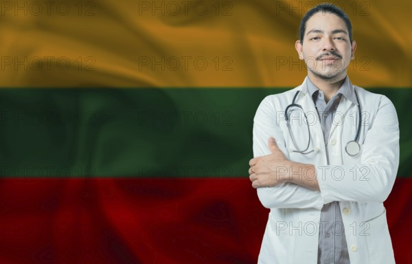 Male doctor on Lithuania flag. Doctor with crossed arms on Lithuania flag. Lithuania Health and