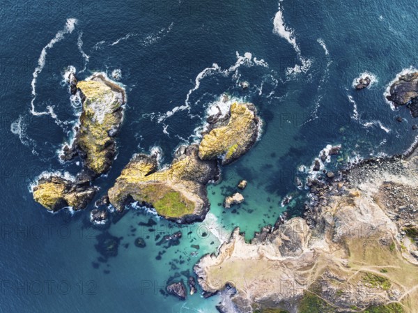 Top Down view over Kynance Cove from a drone, Mount's Bay, Lizard Point, Cornwall, England, United