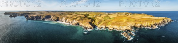 Panorama of Lizard Peninsula cliffs from a drone, South West Coast Path, Lizard, Cornwall, England,