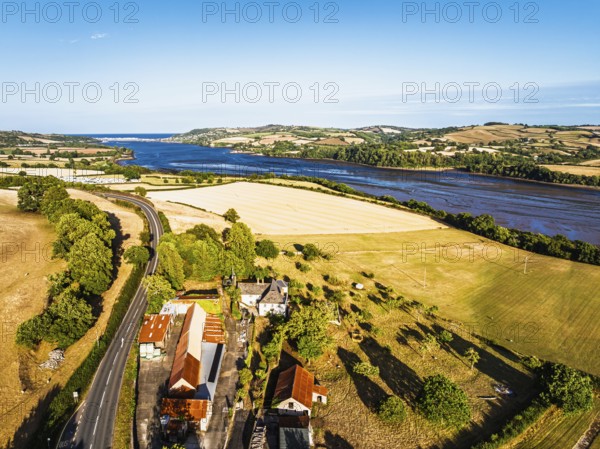 Farms and Fields over River Teign and Teignmouth Road from drone, Newton Abbot, Devon, England,