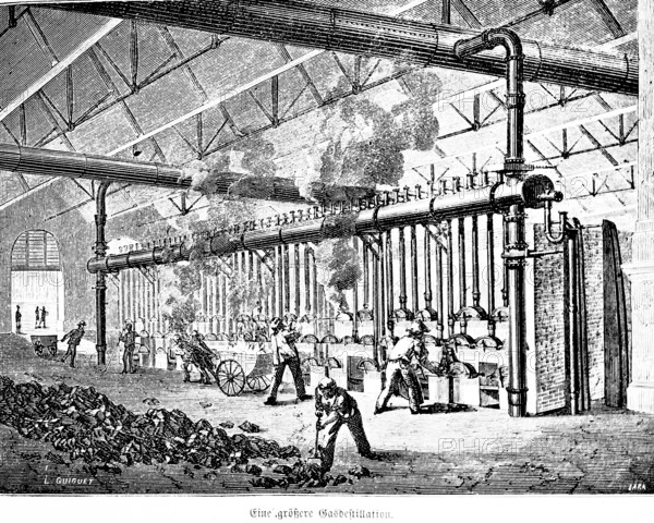 A larger gas distillation, production, stoker, worker, gas distillation, factory, hall, pipes,