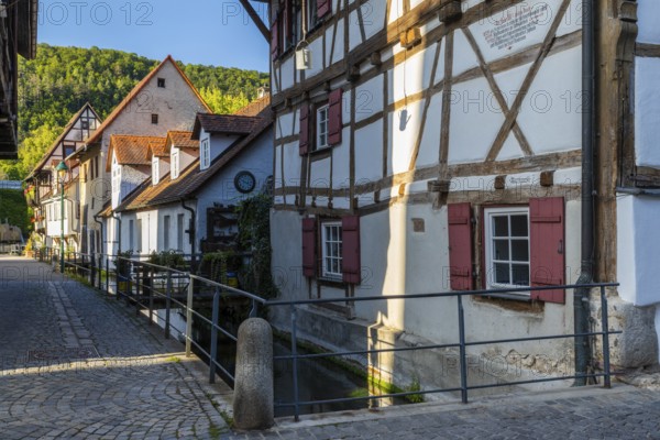 Row of half-timbered houses, Aachgasse, Little Venice, Blaubeuren, Swabian Alb, Baden-Württemberg,