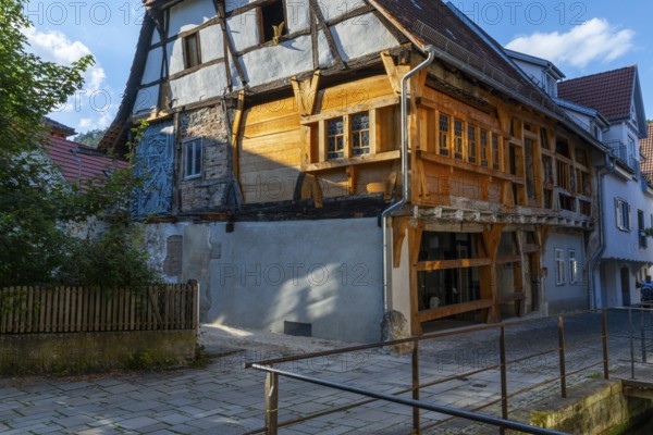 Partially renovated half-timbered house, Aachgasse, Klein Venedig, Blaubeuren, Swabian Alb,