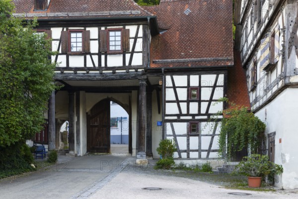 Monastery complex, archway, half-timbered house, Blaubeuren, Swabian Alb, Baden-Württemberg,