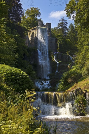 Water features at the equaduct with the highest artificial waterfall in a landscaped garden,