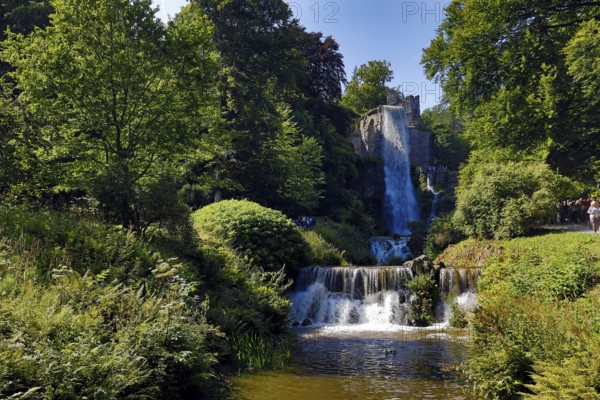 Water features at the equaduct with the highest artificial waterfall in a landscaped garden,