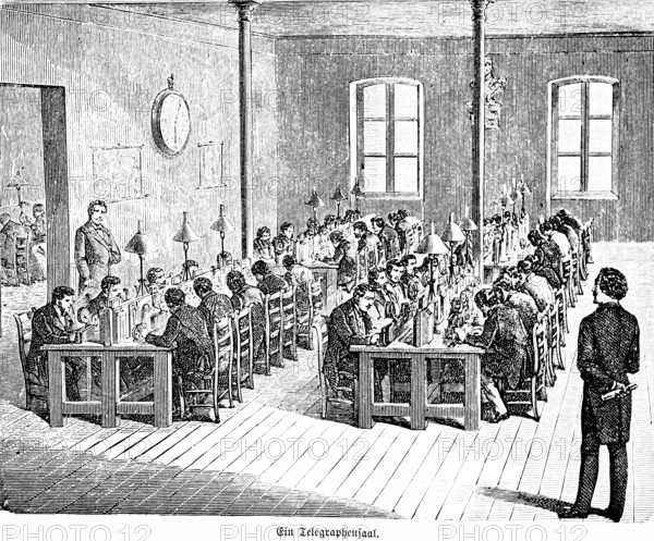 Telegraph room, Morse code writer, work, profession, many men sitting in rows, supervisor,