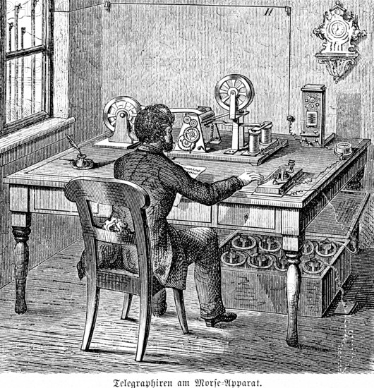 Telgraphing on the Morse code machine, writing telegraph, Morse code writer or Morse code machine,