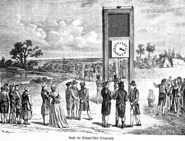 Also a telegraph by Claude Chappe, optical telegraphy or telegraphy, transmission of messages,