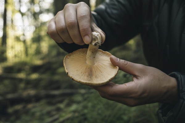 Person's hand holding wild mushroom upside down in forest with gills visible. Symbol of autumn