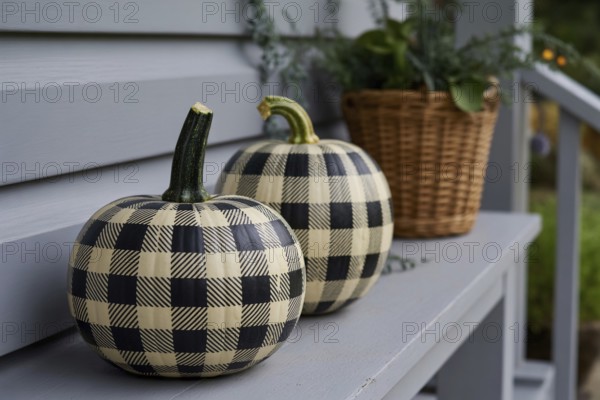Black and white checkered painted pumpkins displayed in front of house as creative seasonal