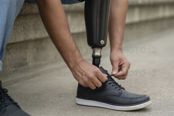Close up of person tying shoelaces on prosthetic leg showing daily life with disability and