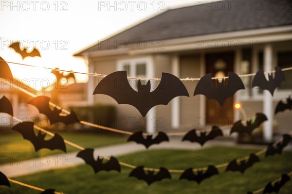 Black paper bat garland decorating house exterior. Bright sunny day Halloween outdoor decoration.