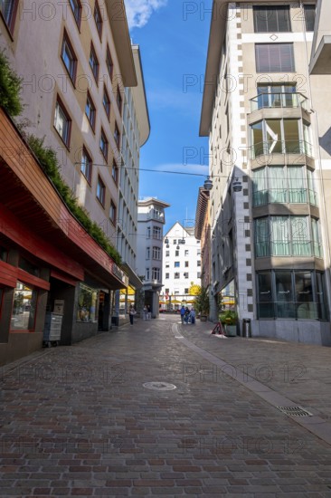 Beautiful City Street with Building and Shop with Blue Sky in a Sunny Summer Day in St Moritz,