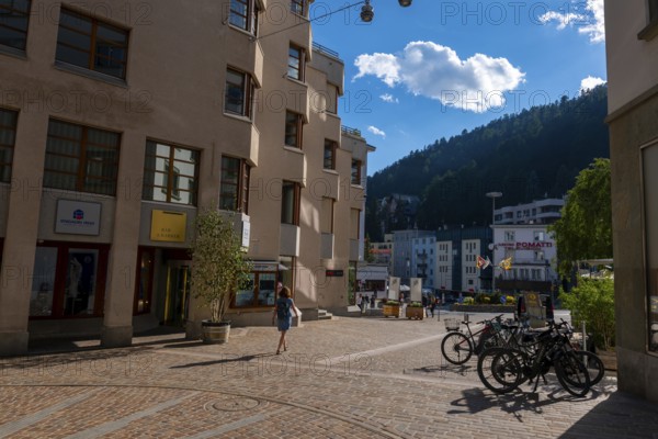 Beautiful City Street with Building and Shop with Blue Sky in a Sunny Summer Day in St Moritz,