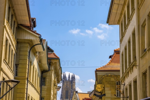 Cityscape with Cathedral Tower in a Sunny Summer Day in City of Fribourg, Canton Fribourg,