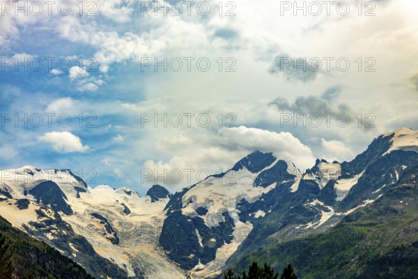 Beautiful View over the Swiss Alps with Glacier Morteratsch, Piz Bernina (4, 049 m), Piz Palü (3,
