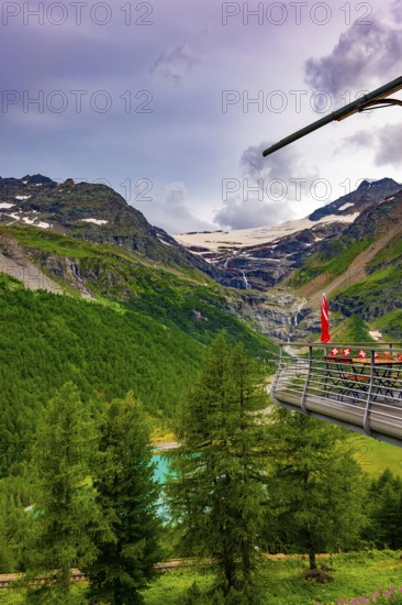Terrace View over Beautiful Mountain Alp Grüm with Glacier and Alpine Lake Palü in the Swiss Alps