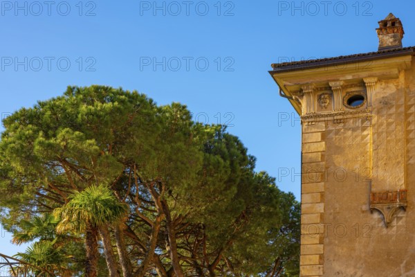 Old Beautiful Building and Tree Branch on a Sunny Day with Blue Clear Sky in Morcote, Ticino,
