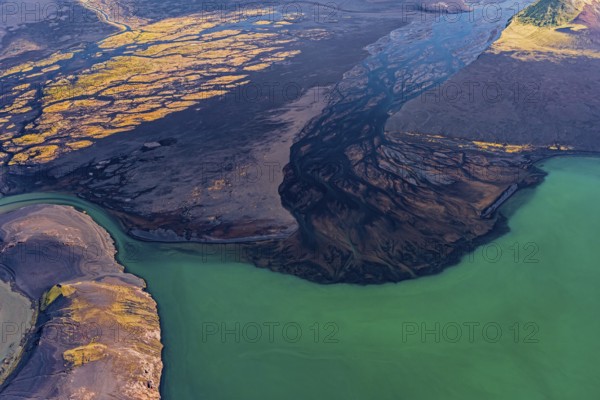 Mountain landscape, river, river delta, river course, lake, volcanic landscape, sunny, aerial view,