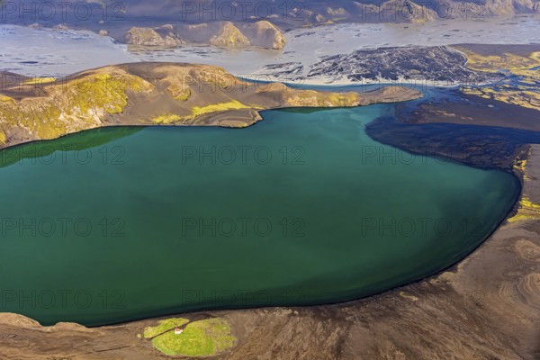 Mountain landscape, river, river delta, river course, lake, volcanic landscape, sunny, aerial view,