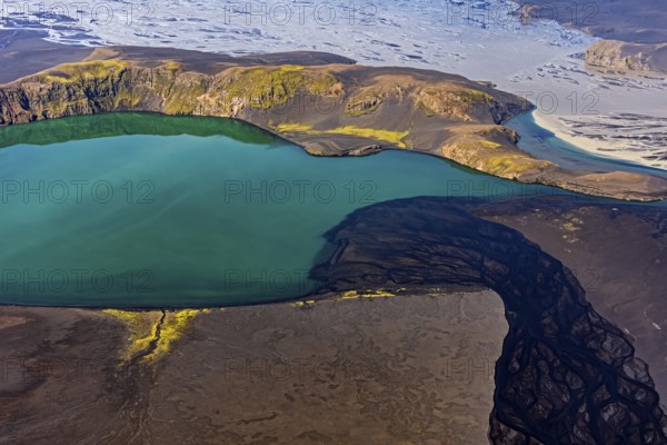 Mountain landscape, river, river delta, river course, lake, volcanic landscape, sunny, aerial view,