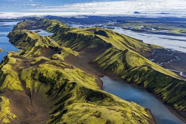 Mountain landscape, lake, lake district, volcanic landscape, sunny, aerial view, summer, Langisjör,