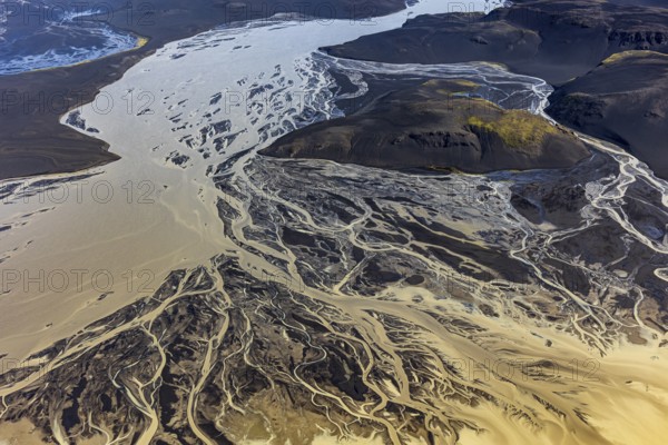 Mountain landscape, river, river delta, river course, volcanic landscape, sunny, aerial view,