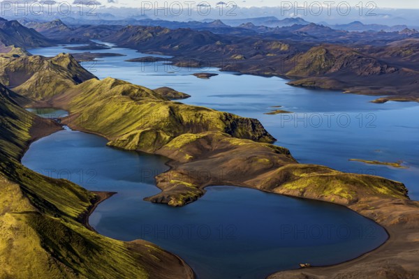Mountain landscape, lake, lake district, volcanic landscape, sunny, aerial view, summer, Langisjör,