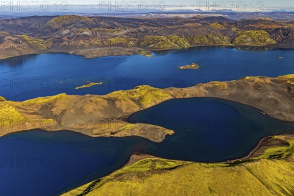 Mountain landscape, lake, lake district, volcanic landscape, sunny, aerial view, summer, Langisjör,