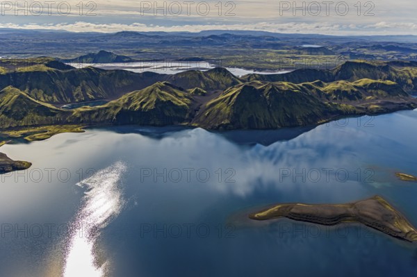 Mountain landscape, lake, lake district, volcanic landscape, backlight, sunny, aerial view, summer,