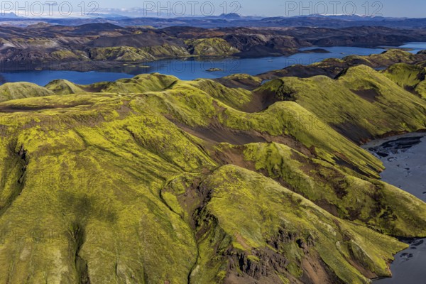 Mountain landscape, lake, lake district, sunny, aerial view, summer, Langisjör, Icelandic
