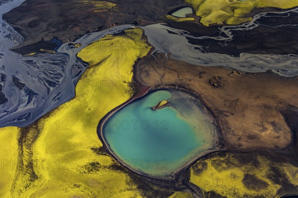 Mountain landscape, lake, river, river delta, sunny, aerial view, summer, Langisjör, Icelandic