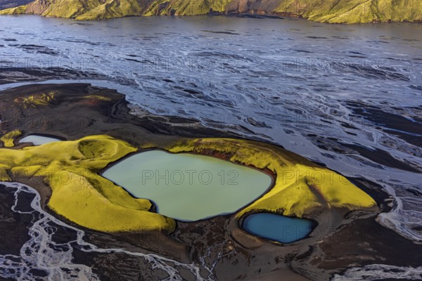 Mountain landscape, lake, river, river delta, sunny, aerial view, summer, Langisjör, Icelandic