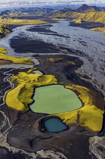 Mountain landscape, lake, river, river delta, sunny, aerial view, summer, Langisjör, Icelandic
