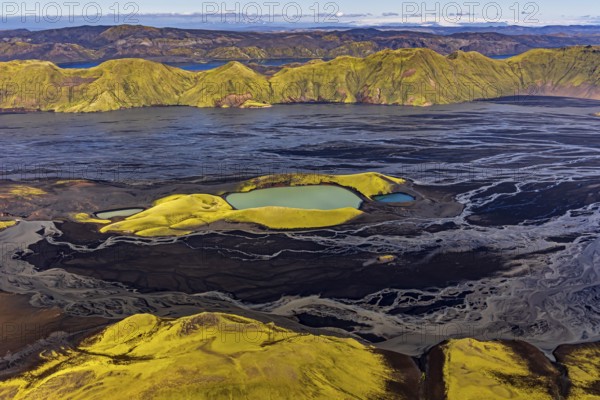 Mountain landscape, lake, river, river delta, sunny, aerial view, summer, Langisjör, Icelandic