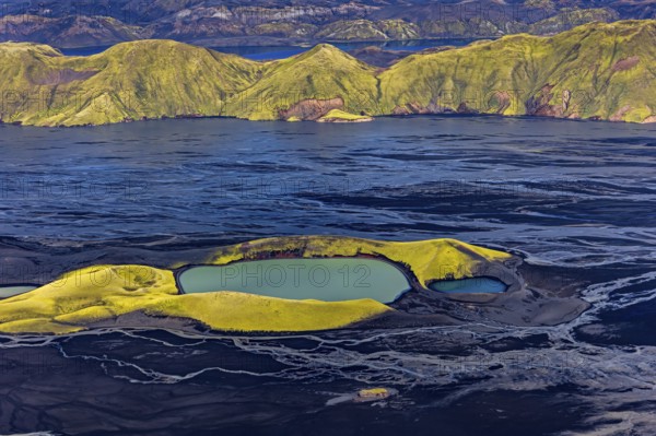 Mountain landscape, lake, river, river delta, sunny, aerial view, summer, Langisjör, Icelandic