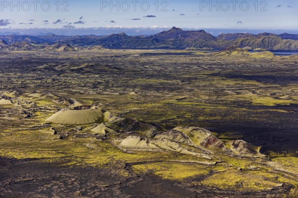 Volcanic landscape, volcanic crater, sunny, aerial view, summer, Laki, Lakagigar, Vatnajökull