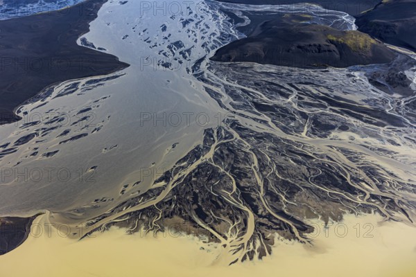 Mountain landscape, river, river delta, river course, volcanic landscape, sunny, aerial view,