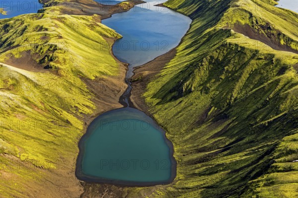 Mountain landscape, lake, lake district, volcanic landscape, sunny, aerial view, summer, Langisjör,