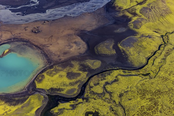 Mountain landscape, lake, river, river delta, sunny, aerial view, summer, Langisjör, Icelandic
