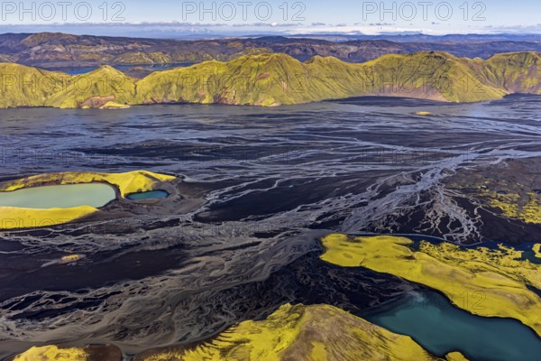 Mountain landscape, lake, river, river delta, sunny, aerial view, summer, Langisjör, Icelandic
