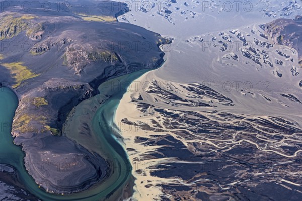 Mountain landscape, river, river delta, river course, volcanic landscape, sunny, aerial view,