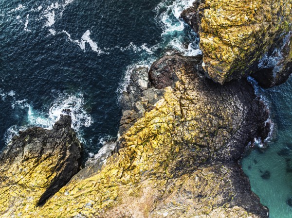 Top Down view over Kynance Cove from a drone, Mount's Bay, Lizard Point, Cornwall, England, United