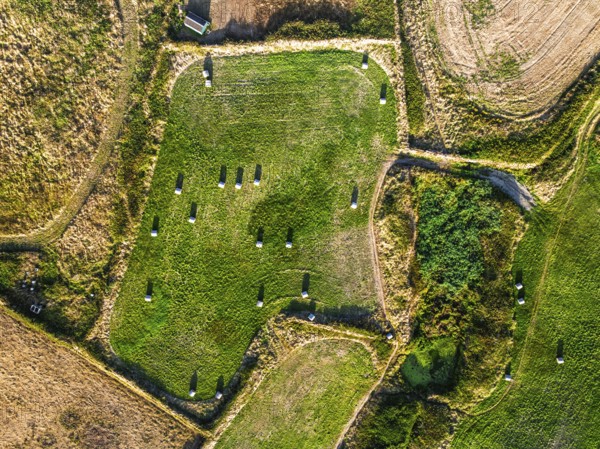 Top Down view over Cornwall fields and farms from a drone, Lizard Peninsula, South West Coast Path,