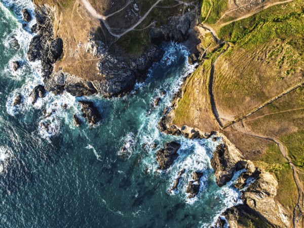 Top Down view over cliffs from a drone, Lizard Peninsula, South West Coast Path, Lizard, Cornwall,